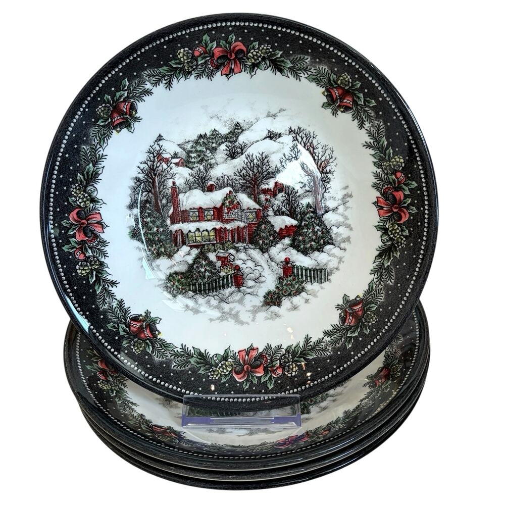 Royal Stafford England Christmas Village Cereal Bowls 9in Set of 4 Ceramic NEW